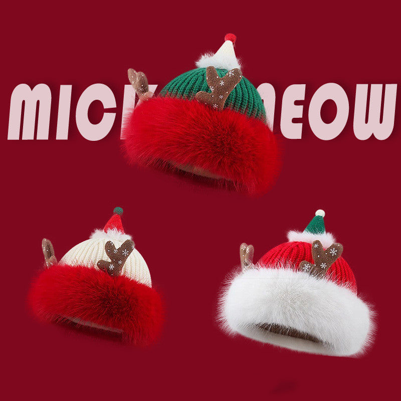 Knitted Plush Christmas Antlers Hat | Embroidered Cap