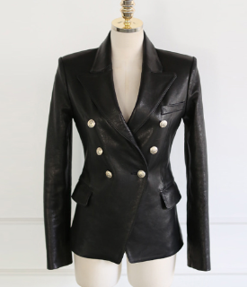 Women's Double-Breasted Faux Leather Blazer Jacket