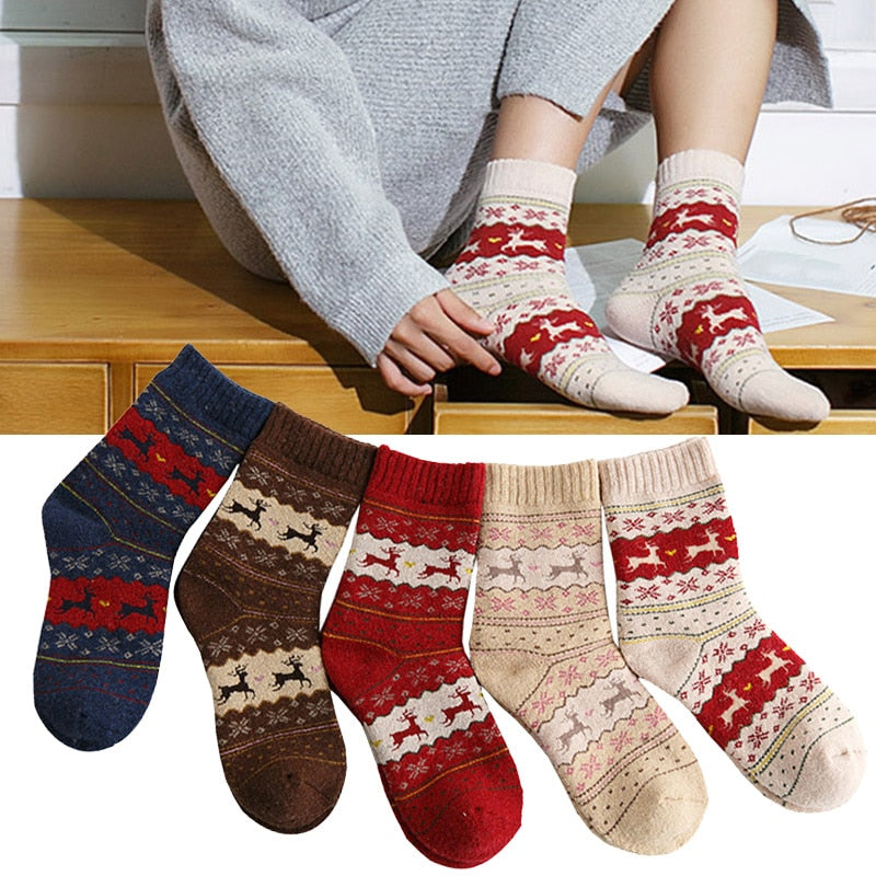 Thick Rabbit Wool Socks for Winter with Christmas Design