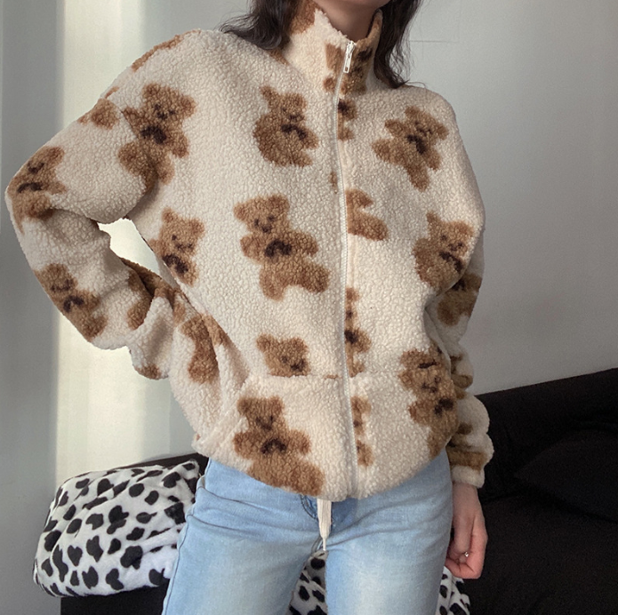 Loose Printed Lamb Wool Coat - European & American Style