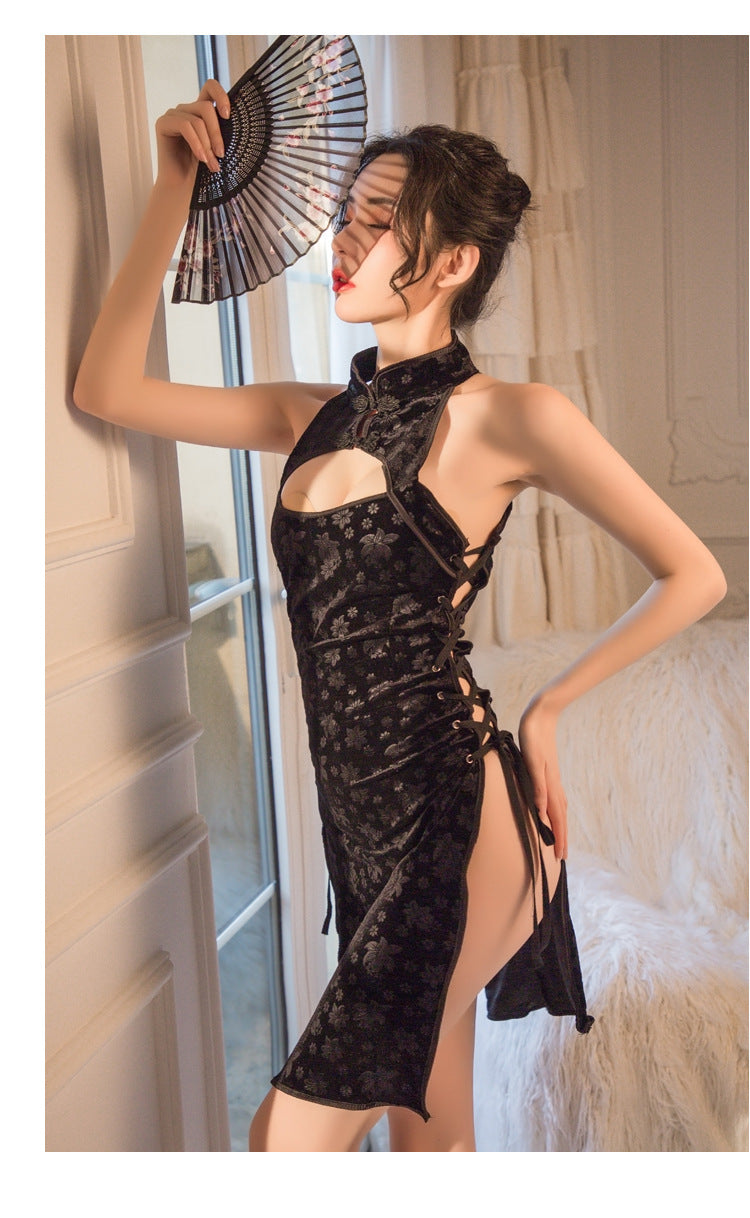 Lingerie Set - Lace Cutout Cheongsam Dress (Bodycon)