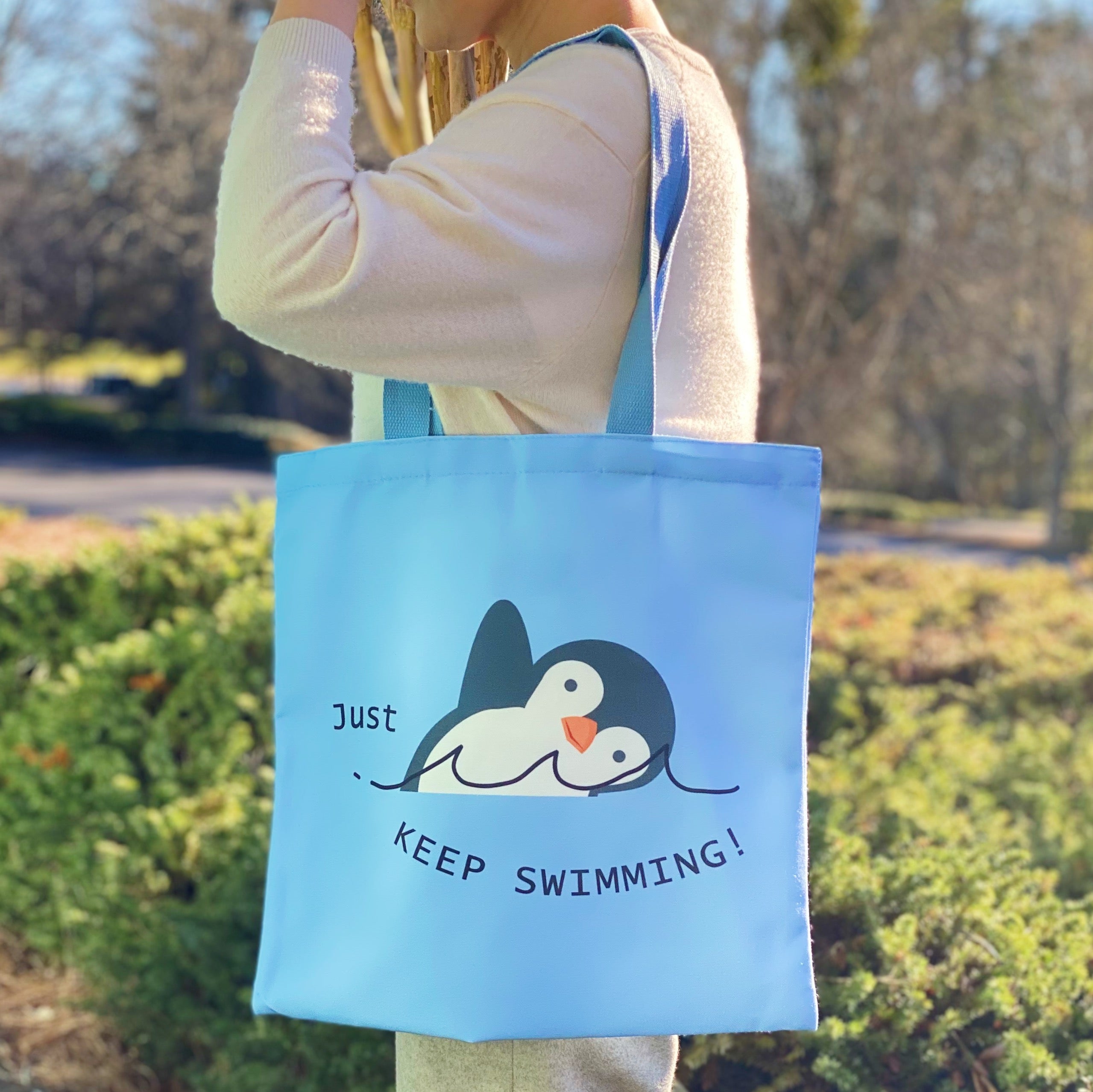 Just Keep Swimming Penguin Canvas Tote Bag