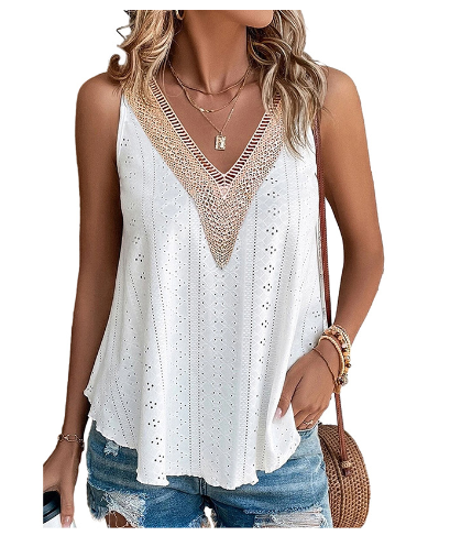 White Lace Crochet V Neck Loose Fit Tank Top (One Piece)