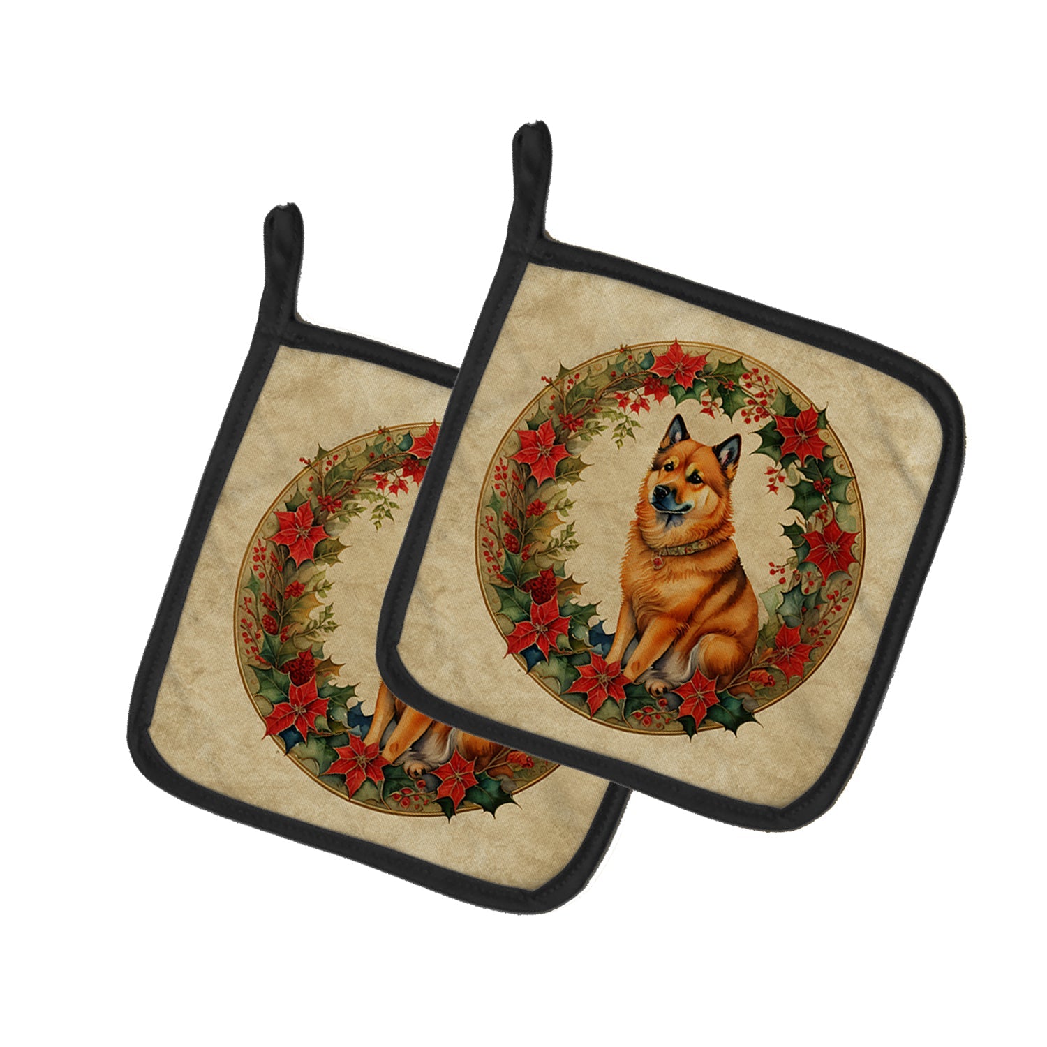 Finnish Spitz Christmas Flowers Pair of Pot Holders