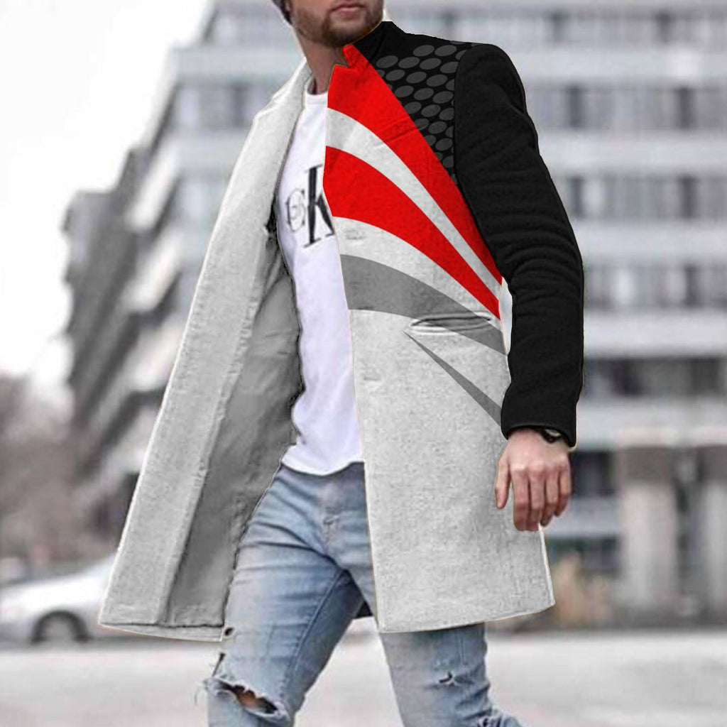 Men's Woolen Coat with 3D Digital Print and Lapels