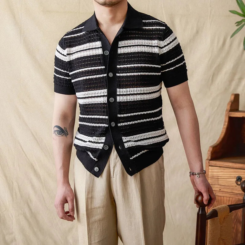 Men's Summer Stripes Lapel Cardigan Polo