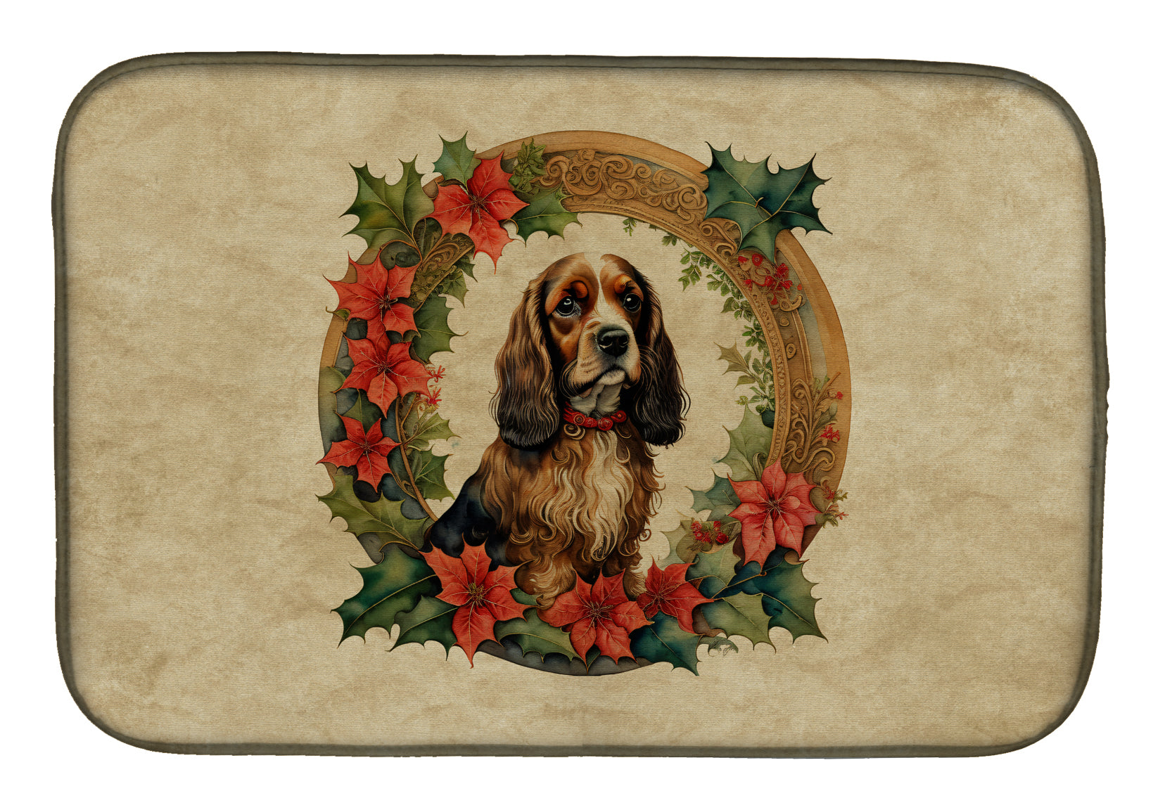 English Cocker Spaniel Christmas Flowers Dish Drying Mat