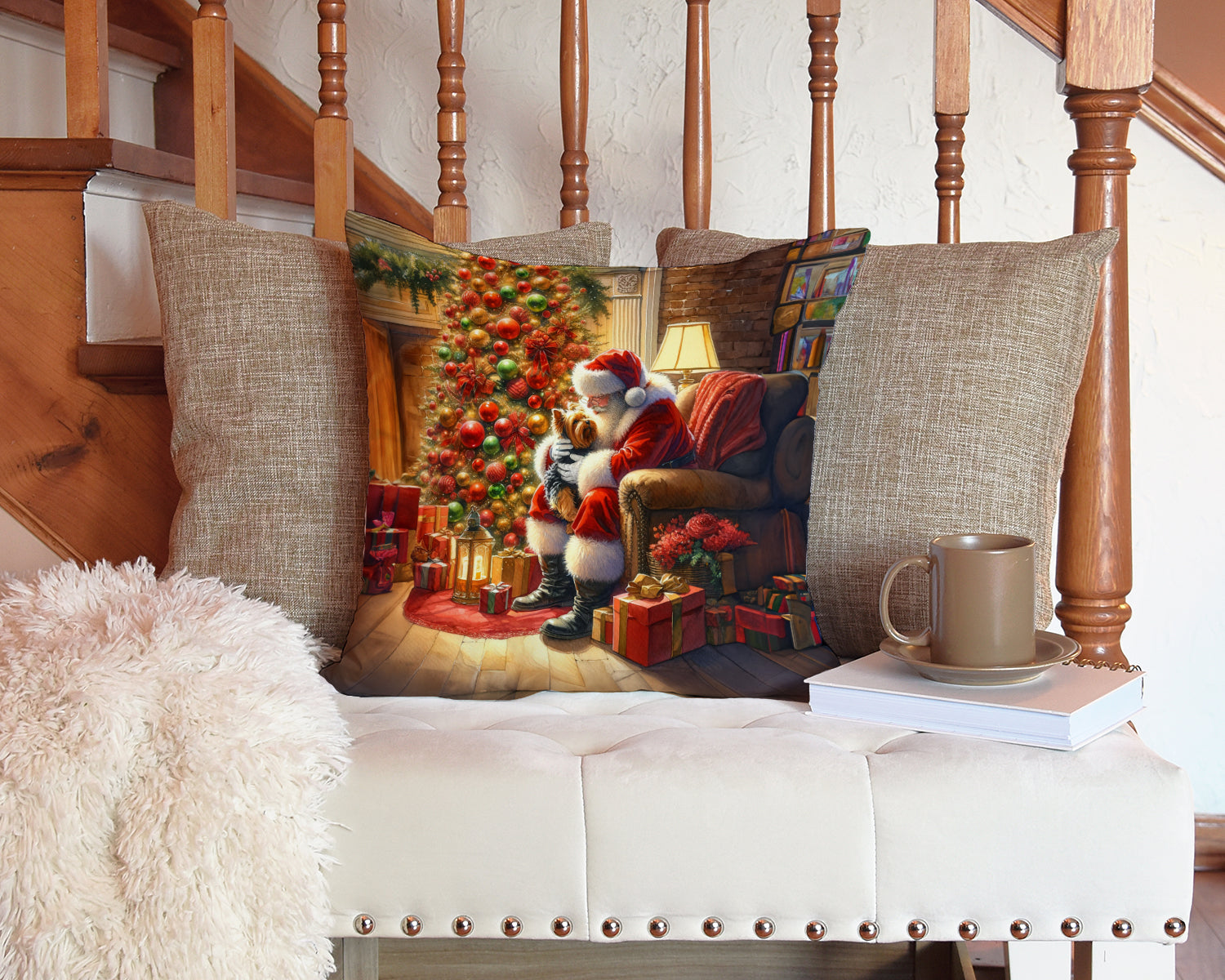 Yorkshire Terrier Yorkie and Santa Claus Throw Pillow