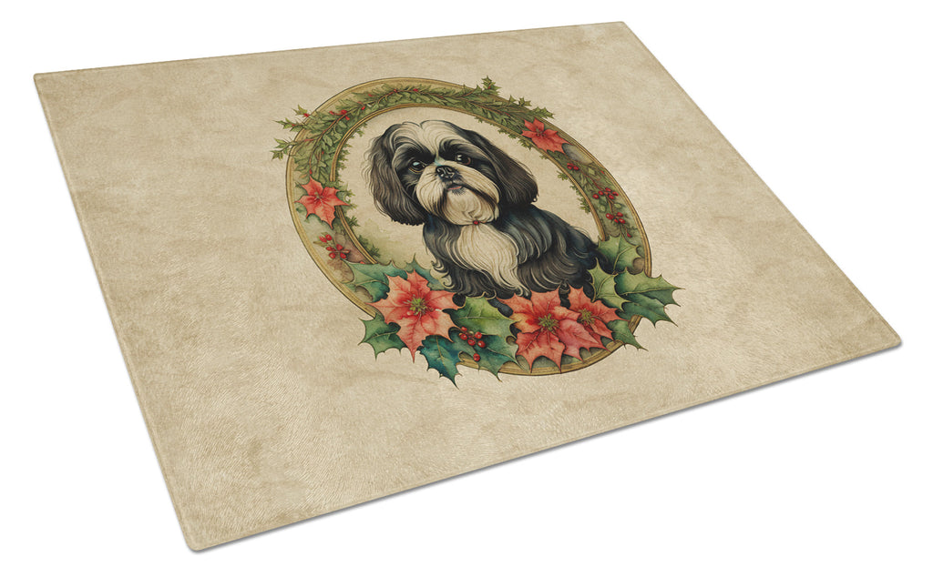 Shih Tzu Christmas Flowers Glass Cutting Board