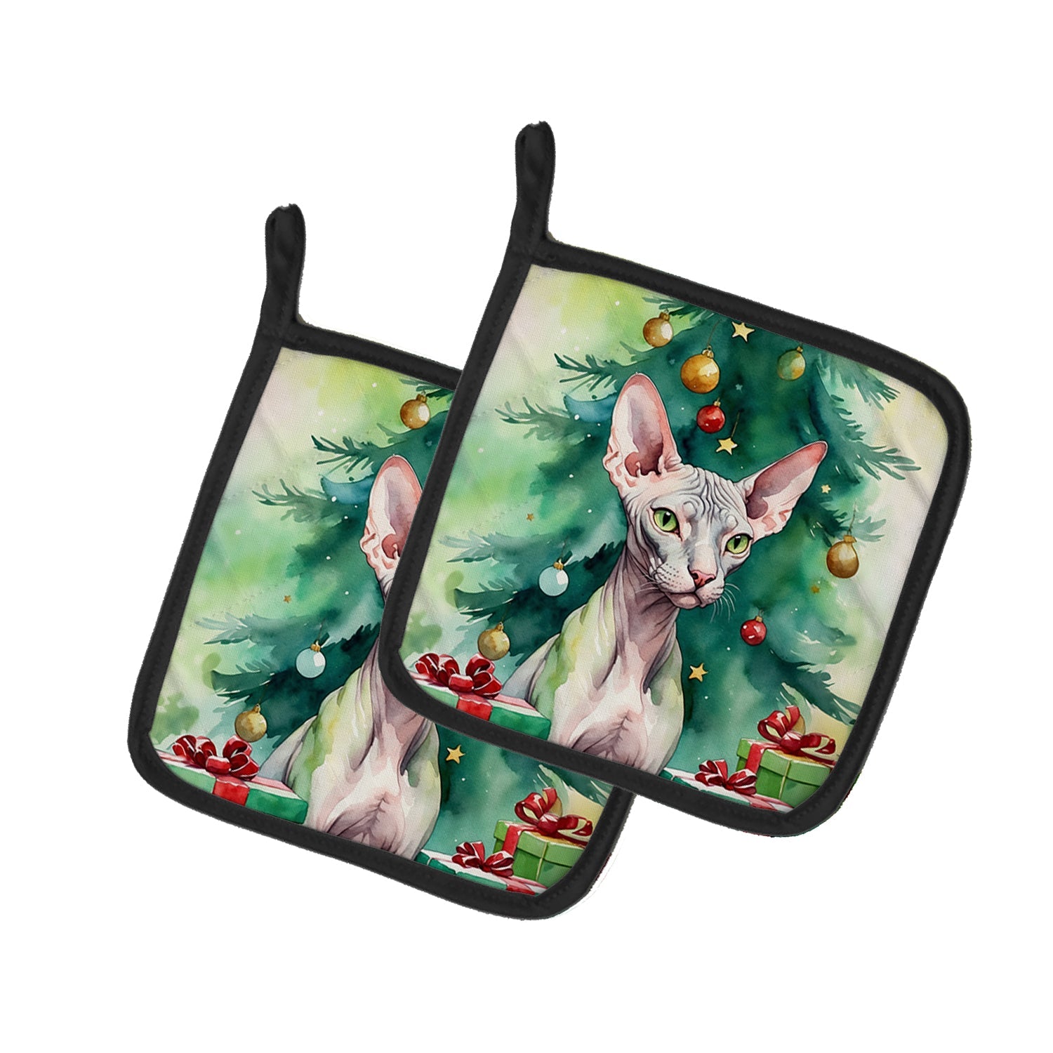 Donskoy Don Sphynx Cat By the Christmas Tree Pair of Pot Holders