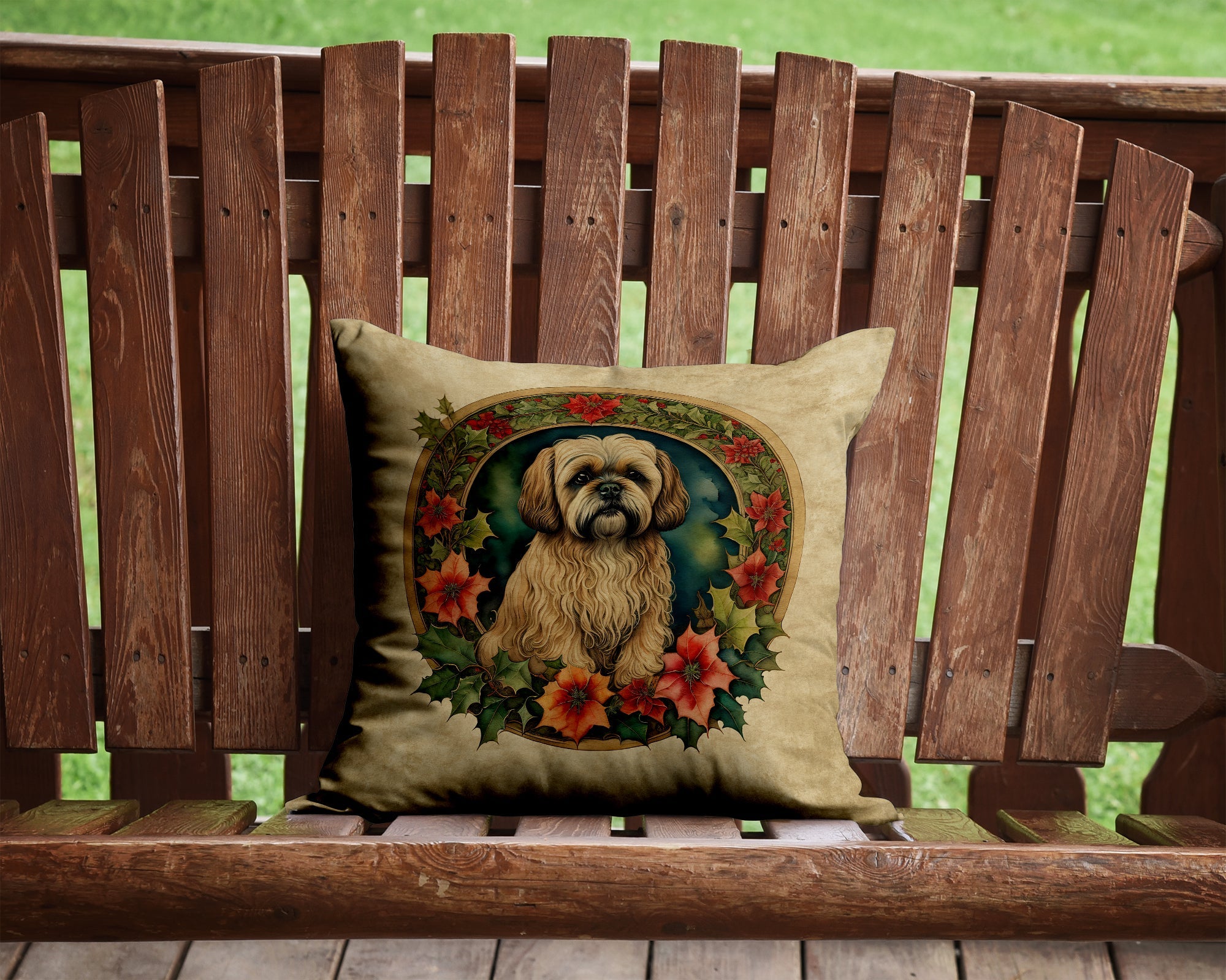 Lhasa Apso Christmas Flowers Throw Pillow
