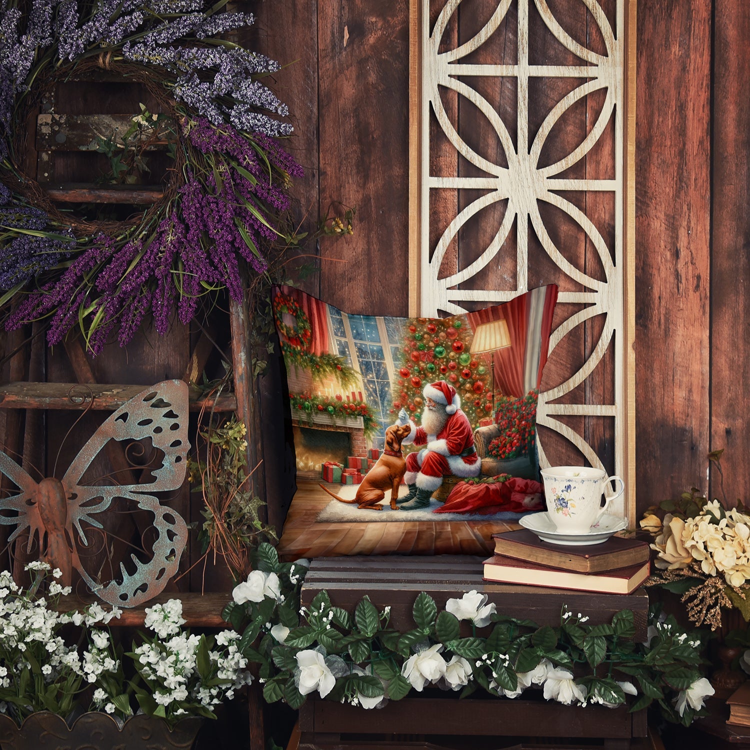Vizsla and Santa Claus Throw Pillow