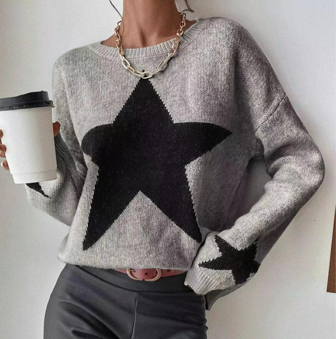 Star Print Long Sleeve Women's Sweater with Round Neck
