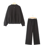 Zipper Bomber Jacket & High Waist Flannel Pants Set