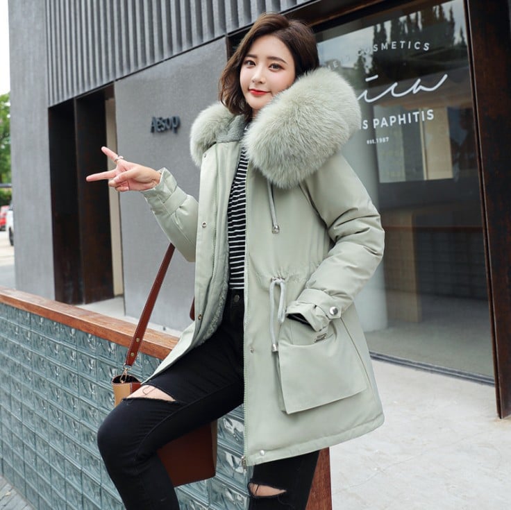 Oversized Fur Collar Plus Velvet Cotton Coat for Women