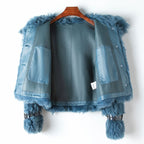 Cotton Jacket with Teddy Fur Collar in Denim Blue
