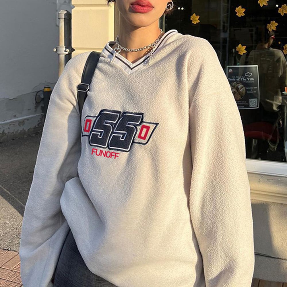 Loose College Contrast V-Neck Printed Sweatshirt | Streetwear
