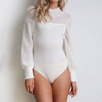 Mesh Hollow Slim Bodysuit for Women - V-Neck Long Sleeve