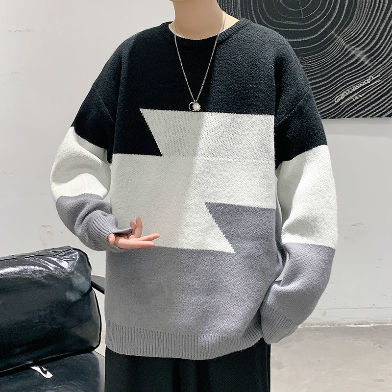 Men's Color Block Loose Fit Round Neck Sweater