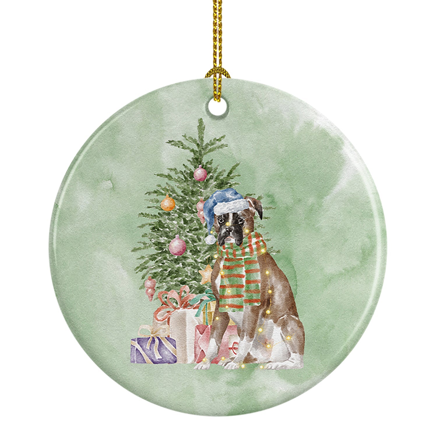 Boxer Christmas Presents and Tree Ceramic Ornament
