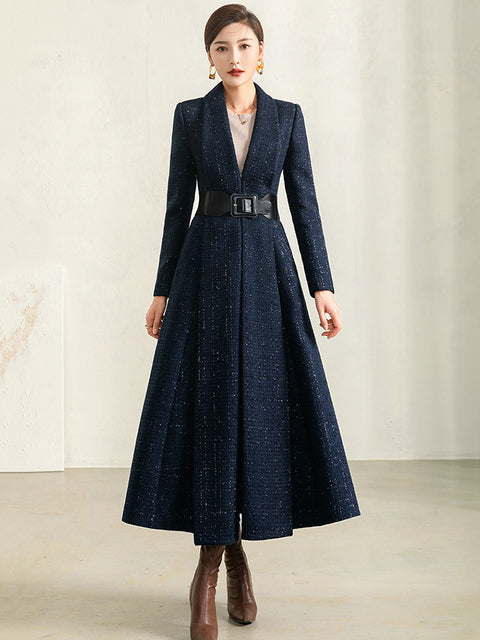 Women's Autumn Winter Blue Plaid Wool Coat with Collar