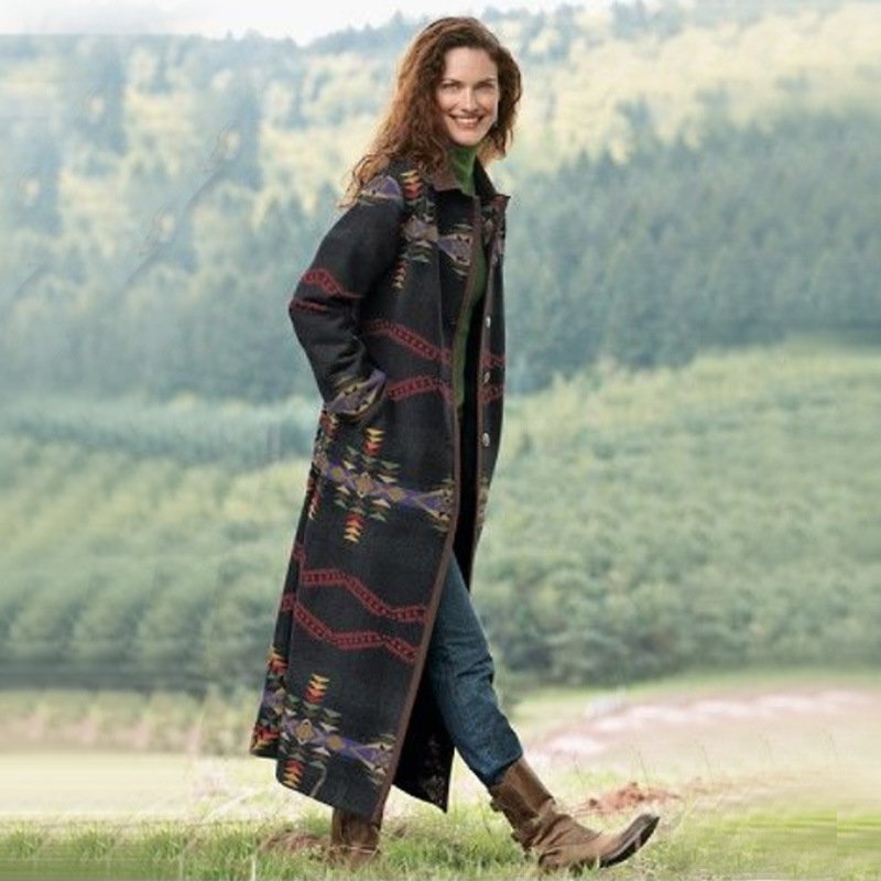Women's British Style Printed Lapel Long Trench Coat