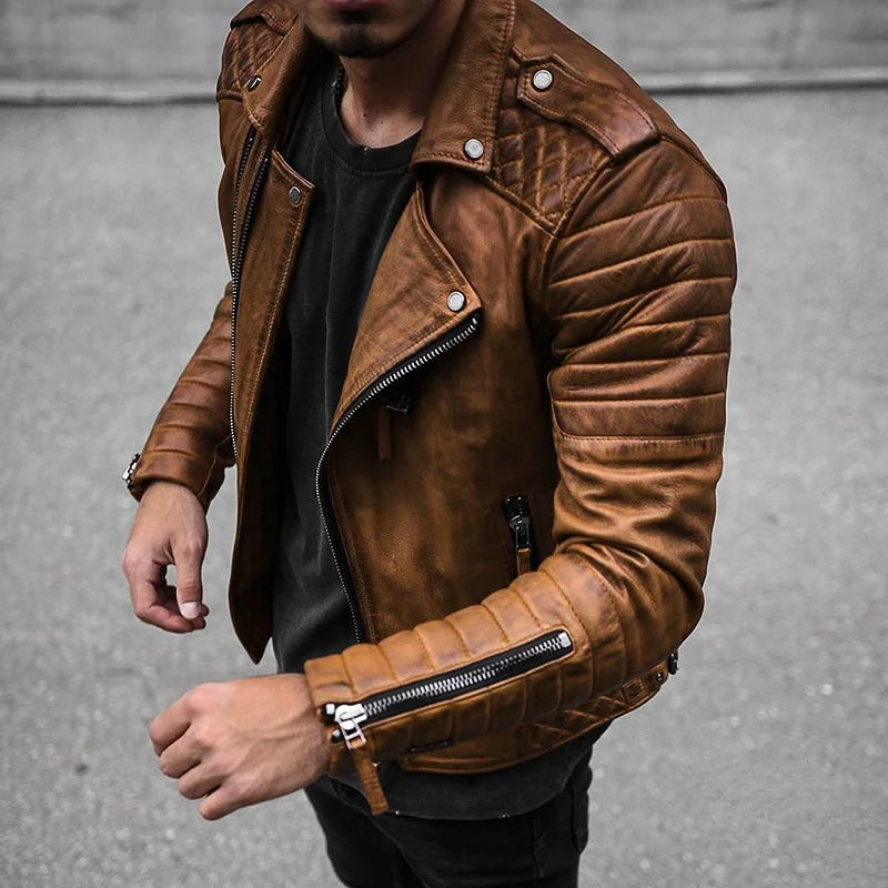 Men's Slim Fit Brown PU Leather Jacket with Lapel