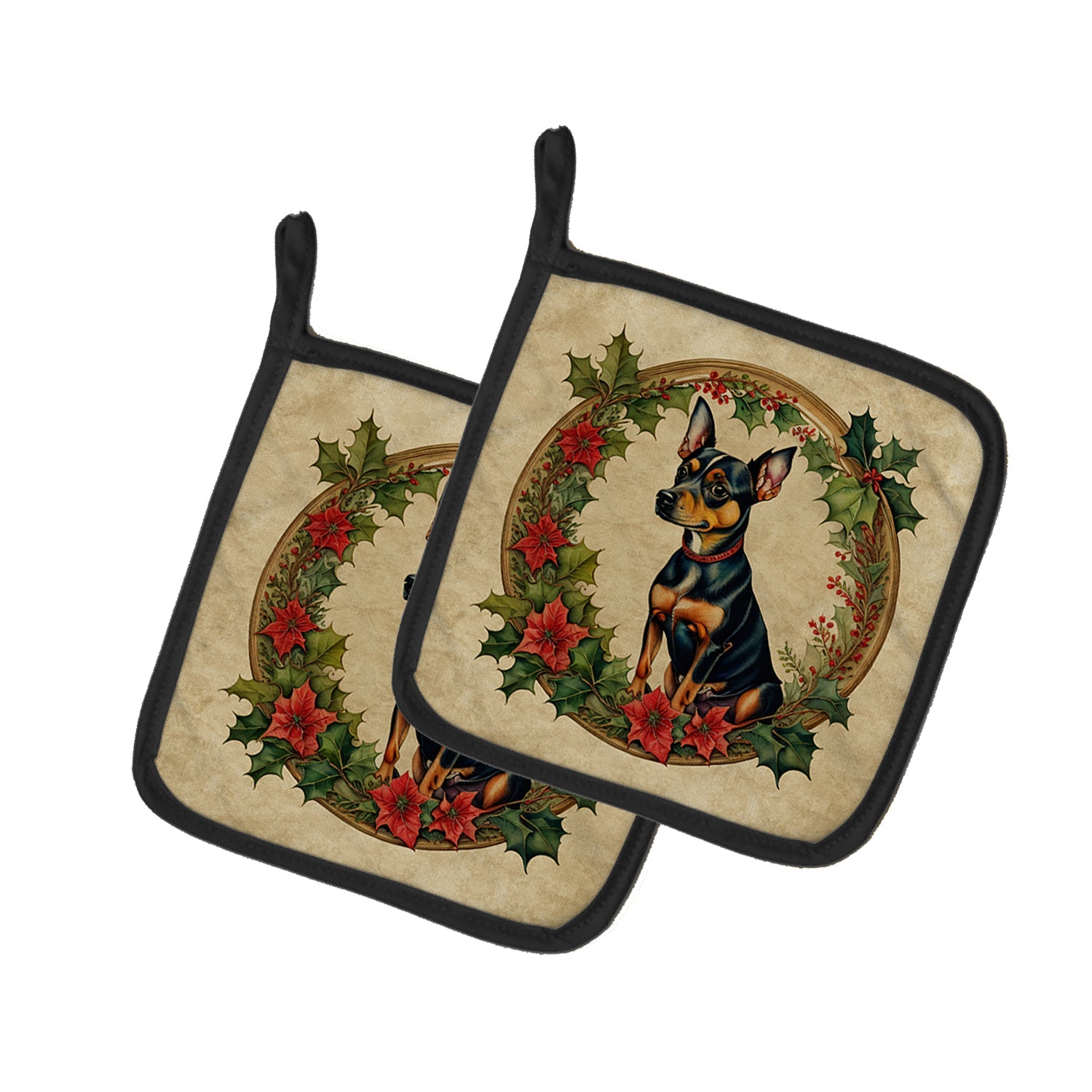 Miniature Pinscher Christmas Flowers Pair of Pot Holders