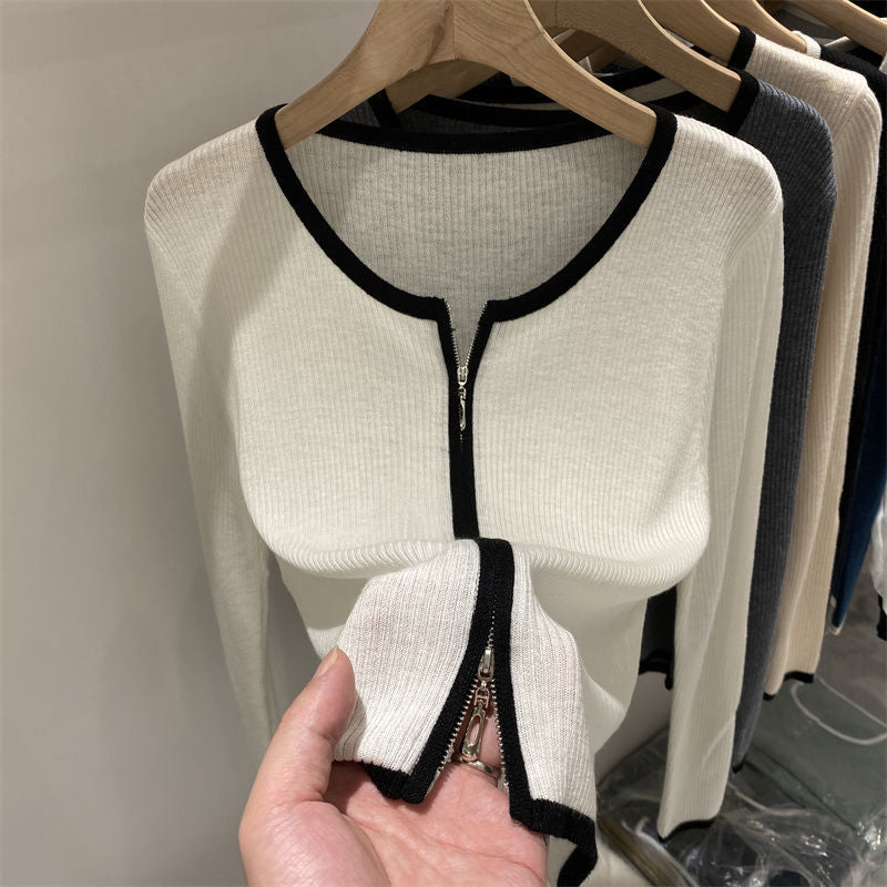 Women's Double Zipper Soft Waxy Long Sleeve Cardigan