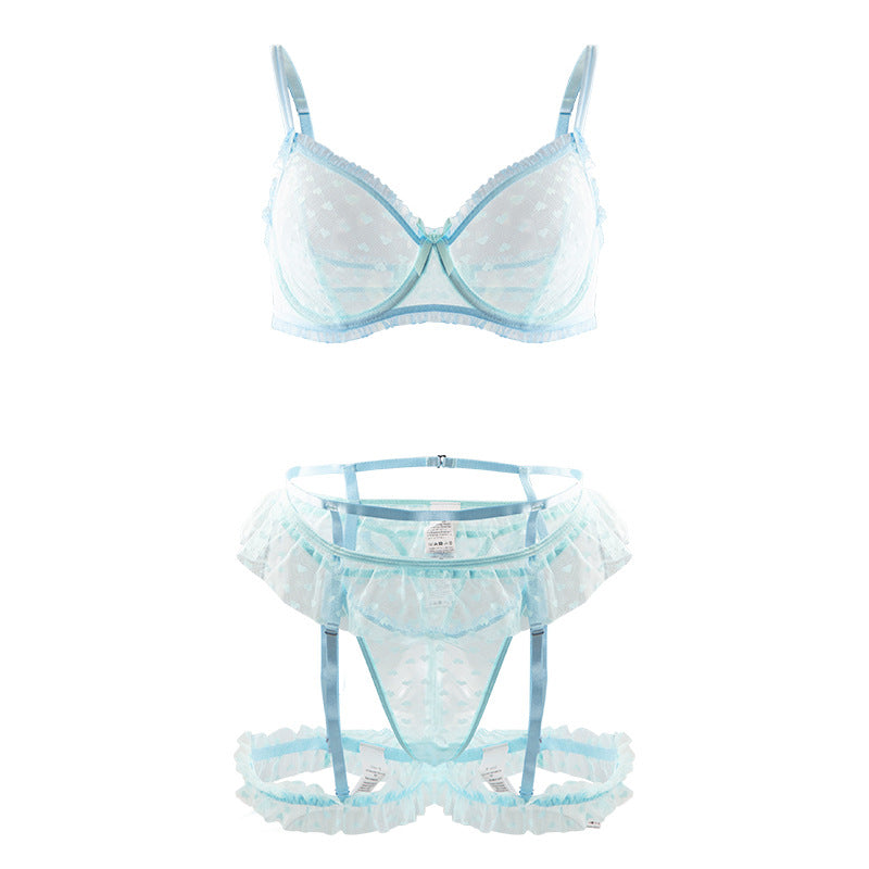 Heart Pattern Mesh Lingerie Set with Ruffle Bra & Thong