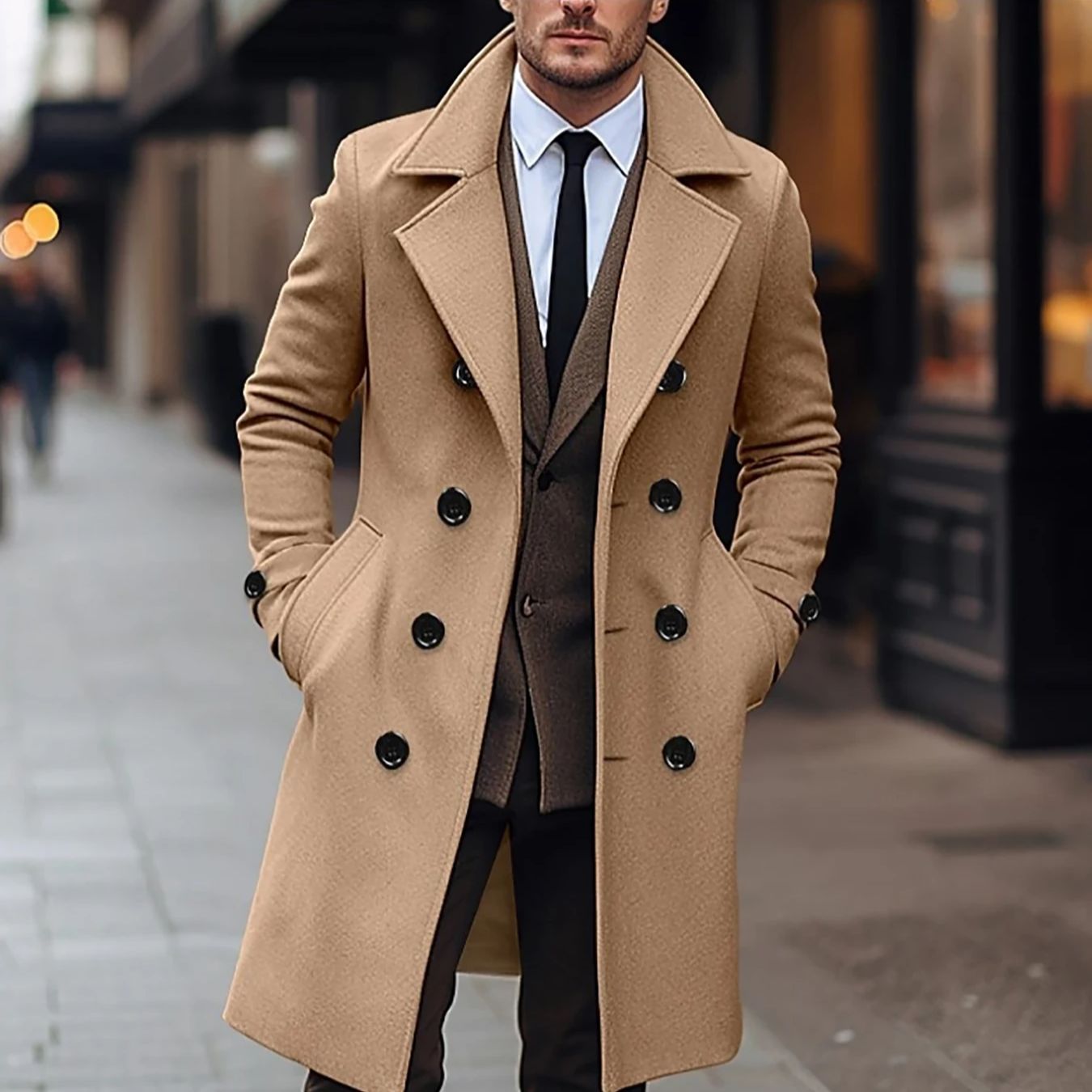 Men's Elegant Long Double-Breasted Wool Coat for Fall/Winter