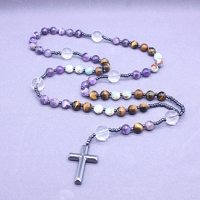 Amethyst and Tiger Eye Stone Rosary Necklace | Christian Jewelry