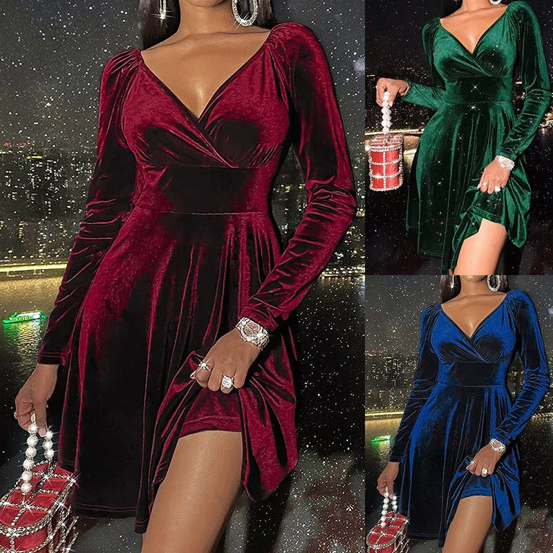 V-neck Christmas Long Sleeve Midi Dress