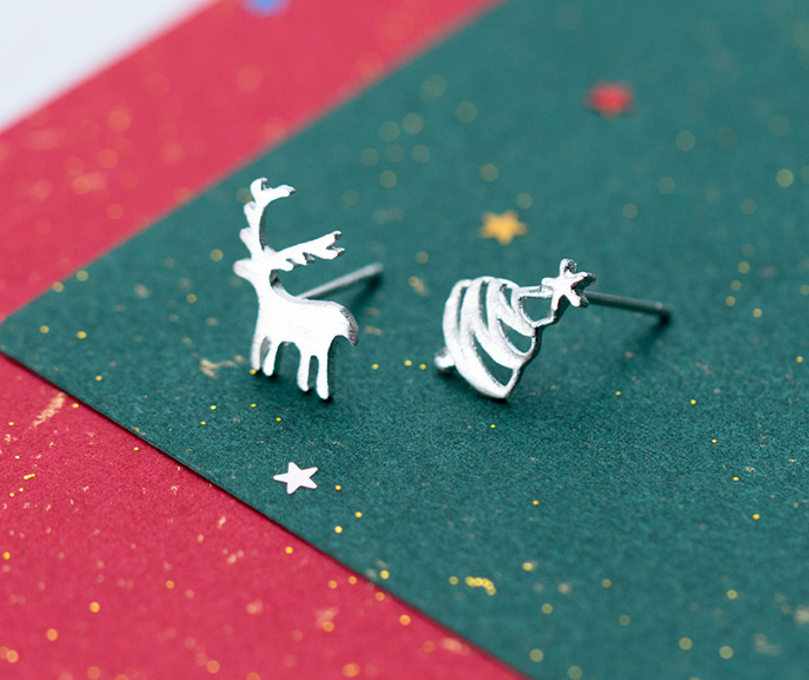 Silver Christmas Tree Reindeer Stud Earrings