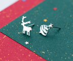 Silver Christmas Tree Reindeer Stud Earrings
