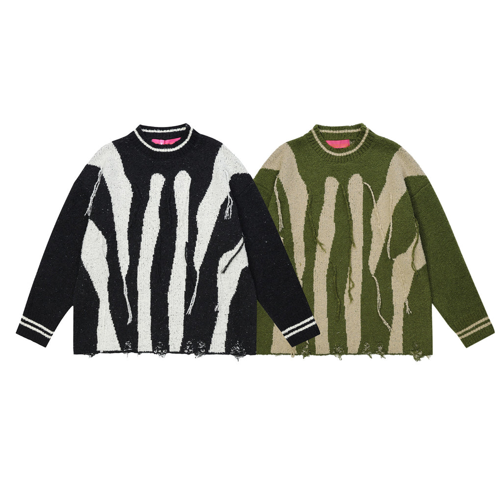 Abstract Striped Tassel Sweater with Loose Waste Soil Design
