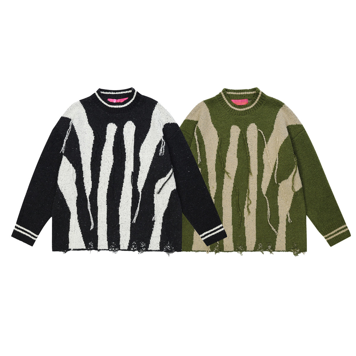 Abstract Striped Tassel Sweater with Loose Waste Soil Design