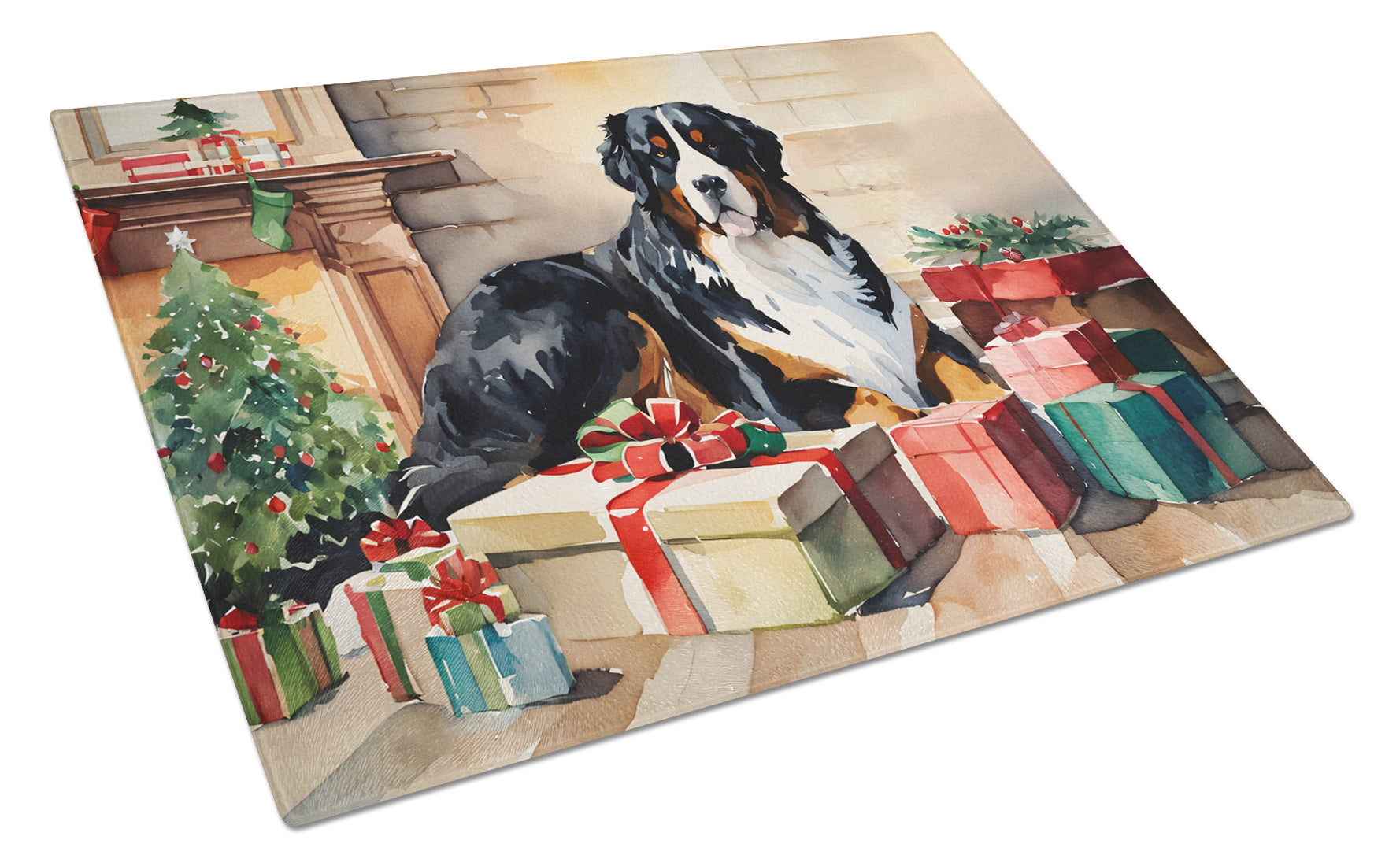 Bernese Mountain Dog Cozy Christmas Glass Cutting Board