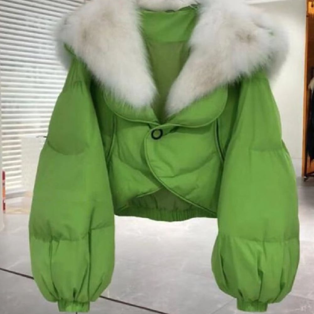 Green Short Down Jacket with Light Fur Collar