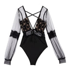 Black Sheer Lace Long Sleeve Bodysuit for Women