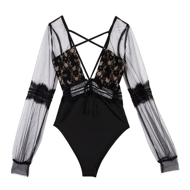 Black Sheer Lace Long Sleeve Bodysuit for Women