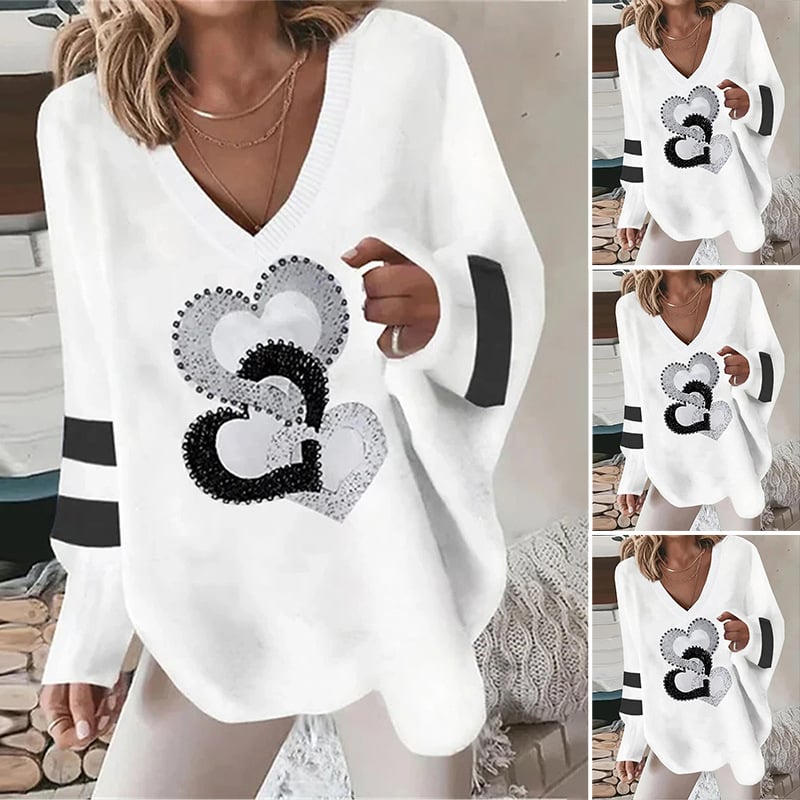 Loose V-neck Geometric Long-sleeved Sweater for Fall/Winter