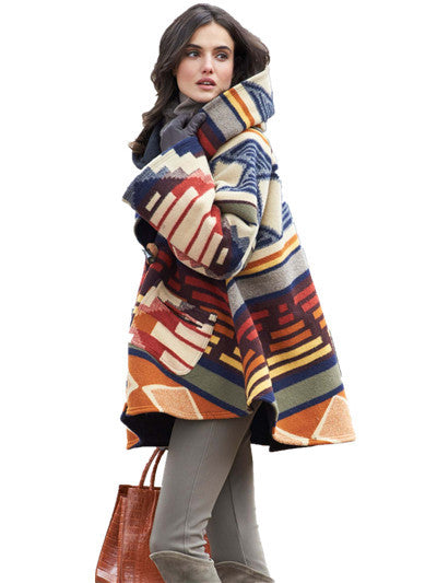 Printed Woolen Long-Sleeved Hooded Coat