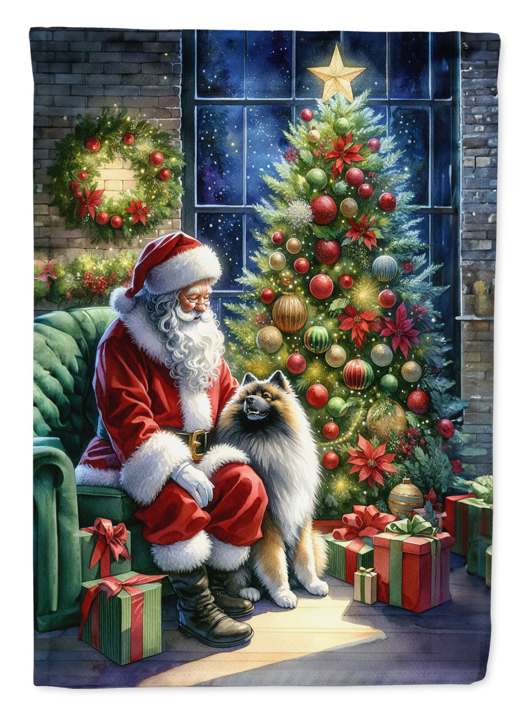Keeshond and Santa Claus House Flag