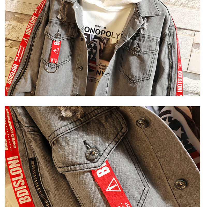 Retro Denim Jacket for Men with Letter Print Design