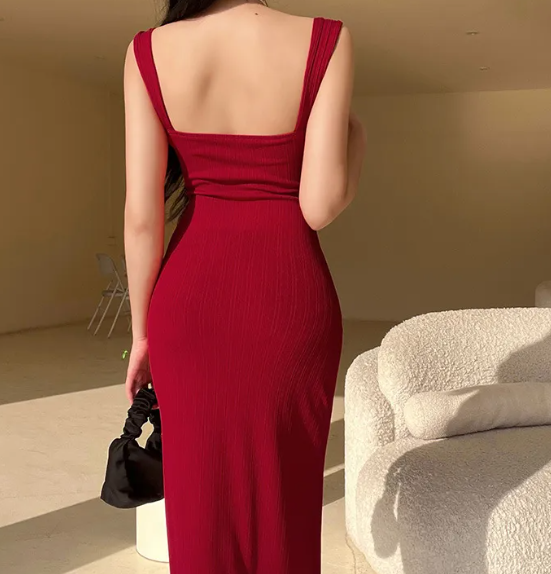Square-Neck Ribbed Knit Bodycon Maxi Dress