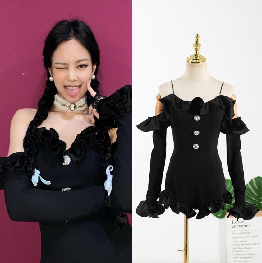 Jennie Style Black Long Sleeve Ruffled Bodysuit