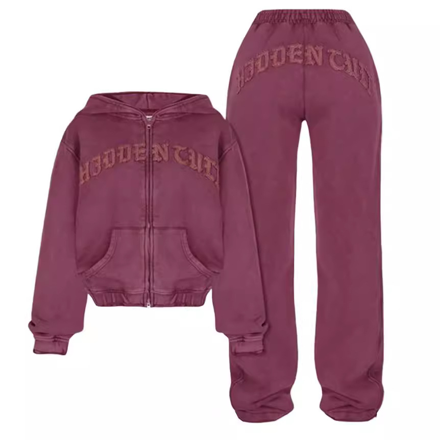 Women's Zip-up Hooded Cropped Sweatshirt and Trouser | Streetwear