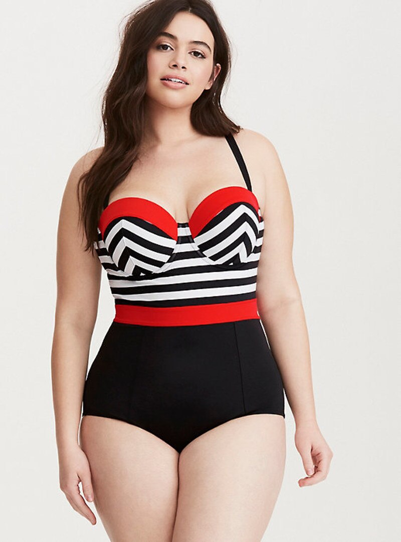 Black and White Striped Plus Size Women's Swimsuit