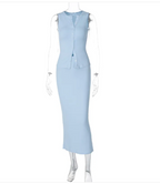 Fashion Temperament Pure Color Sunken Stripe Sleeveless Buckle Cardigan Vest Skirt Two-piece Set